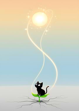 Black Cat on a Sprout Under a Glowing Sun