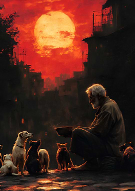 Man feeding dogs under a red moon