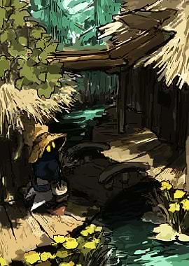 Fantasy character by a stream