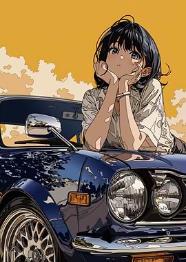 Anime girl leaning on a classic car