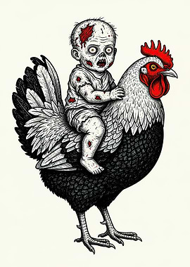 Zombie Baby Riding a Rooster