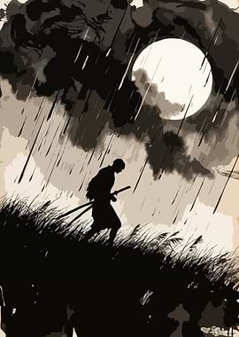 Samurai in the Rain Under the Moon Art