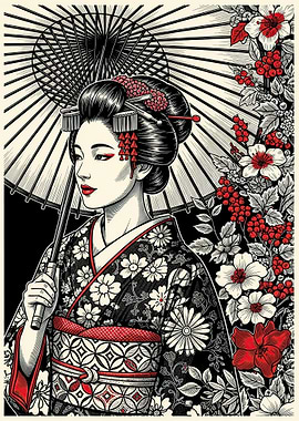 Geisha with Umbrella and Flowers