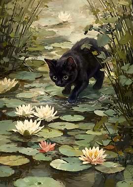 Black cat in a lily pond