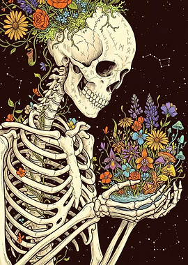 Skeleton holding flowers and water
