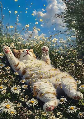 Cat Relaxing in a Field of Daisies