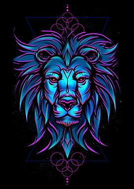 Neon Lion Head with Geometric Patterns