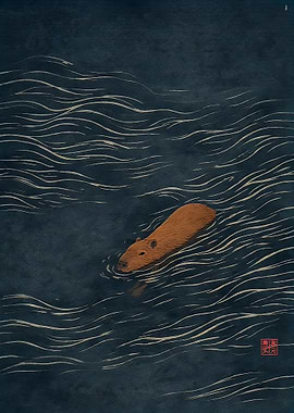 Capybara Swimming in Dark Water