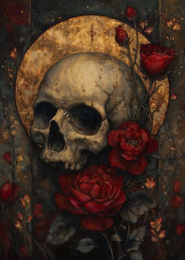 Gothic Skull with Red Roses and Golden Moon