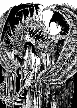 Dark Dragon Over Ruined City