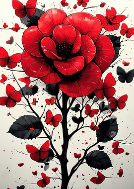 Red Rose and Butterflies