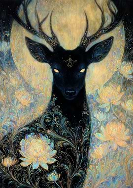 Mystical Black Deer with Golden Flowers