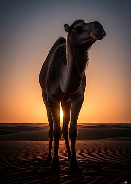 Camel silhouetted against desert sunset
