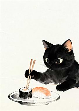 Black Cat Eating Sushi