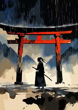 Samurai Under a Torii Gate in Rain Art