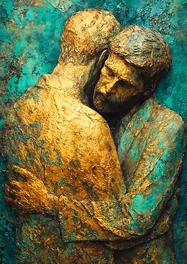 Two Men Hugging Gold Sculpture