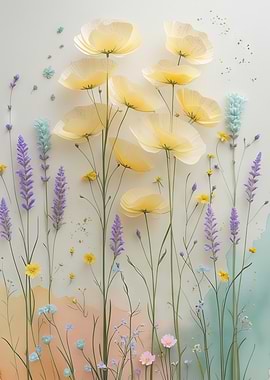 Delicate Yellow Poppies and Lavender