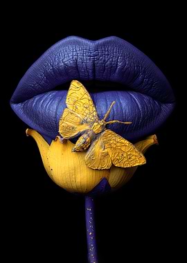 Surreal Butterfly on Blue Lips and Yellow Flower
