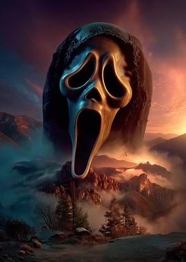 Ghostface Mask Over Mountain Landscape