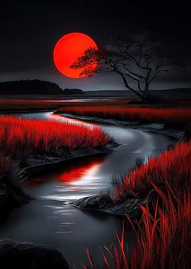 Crimson Moon Over Red Marsh