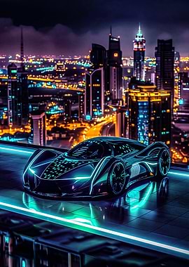Futuristic Car in Neon Cityscape