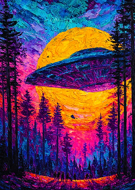 UFO Forest Scene Impasto Painting