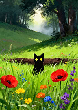Black Cat in a Wildflower Meadow