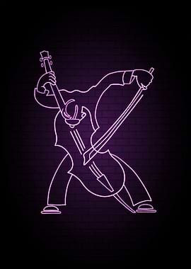 Neon Cello Player on Brick Background