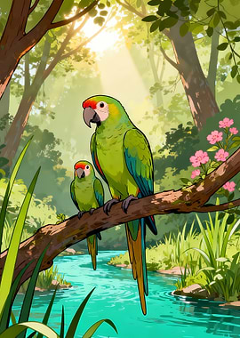 Two Parrots by a River