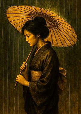 Woman in Kimono with Umbrella in Rain