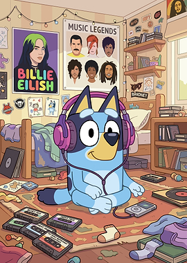 Bluey Listening to Music in a Retro Room