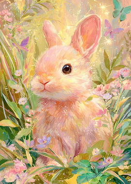 Cute Bunny in a Floral Garden