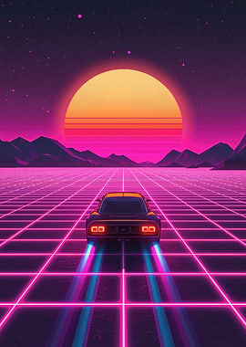 Retro Car Driving Towards Neon Sunset
