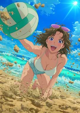 Anime Girl Playing Volleyball on Beach
