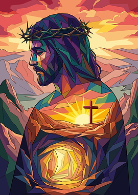 Jesus Christ with Crown of Thorns and Sunrise