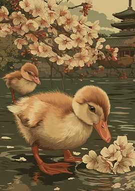 Ducklings and Cherry Blossoms by a Pagoda