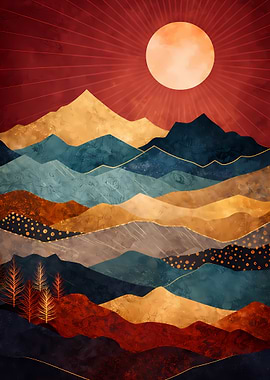 Abstract Mountain Landscape with Sun