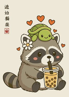Cute Raccoon Bubble Tea Poster, Kawaii Animal Wall Art, Adorable Boba Tea Print