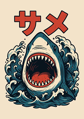 Japanese Shark Poster, Fierce Ocean Waves Wall Art, サメ Dynamic Sea Creature Print