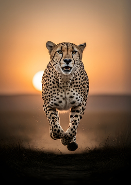 Cheetah running at sunset
