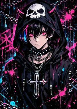 Gothic Anime Character with Skull Hoodie
