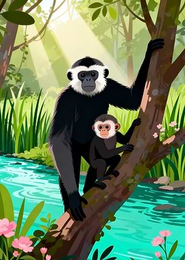 Gibbons in a Lush Forest