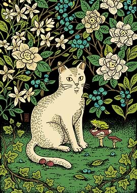 White Cat with Flowers and Frog