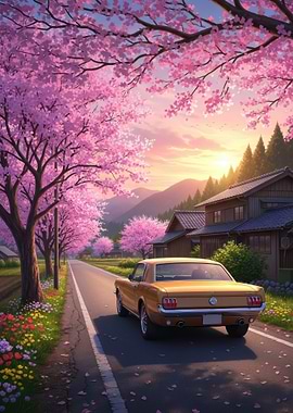 Classic Car on Cherry Blossom Road
