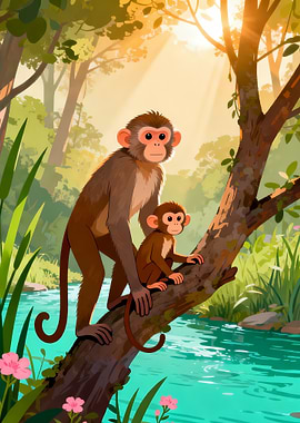 Mother and baby monkey in forest