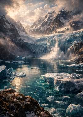 Glacier calving into a turquoise lake