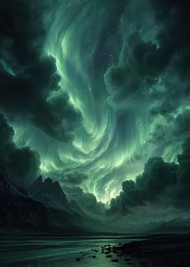 Aurora Borealis Over Mountains