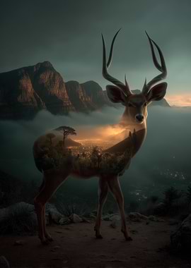 Double Exposure Deer Landscape