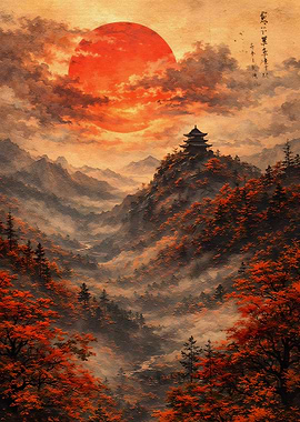 Misty Mountains with Pagoda and Red Sun