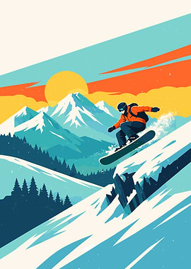 Snowboarder jumping over a mountain slope